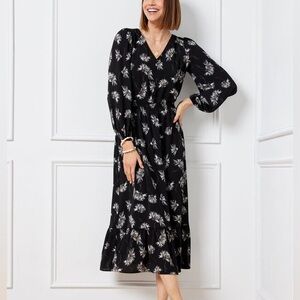 Talbots Women’s Black Stretch Crepe Midi Dress- Chrysanthemum Blooms Size 12